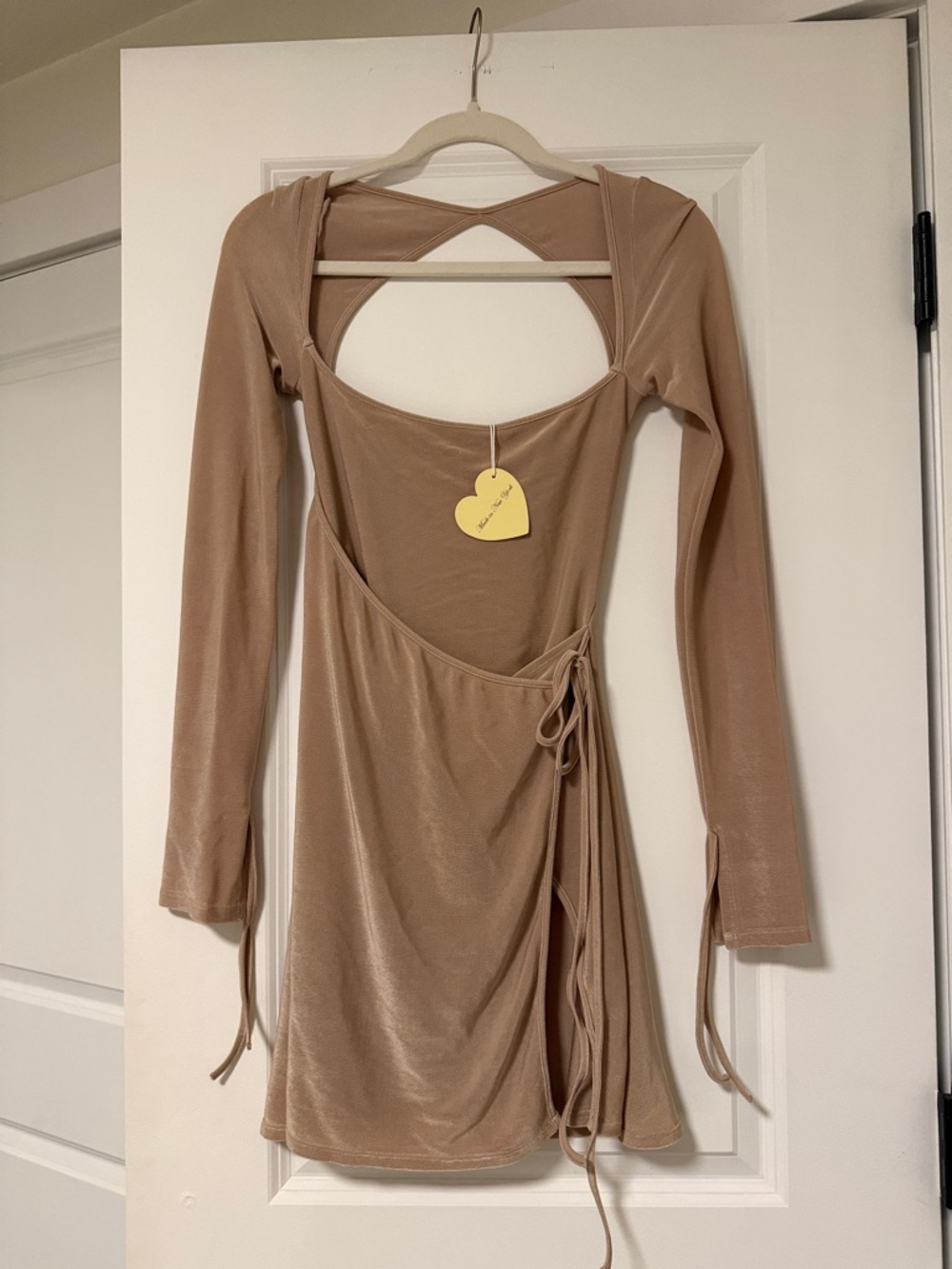 Mirror Palais Long Sleeve Wrap Mini Dress in Beige